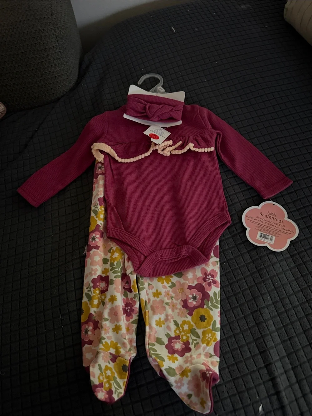 Long Sleeve Berry Waffle Bodysuit with Floral Footed Pants Set